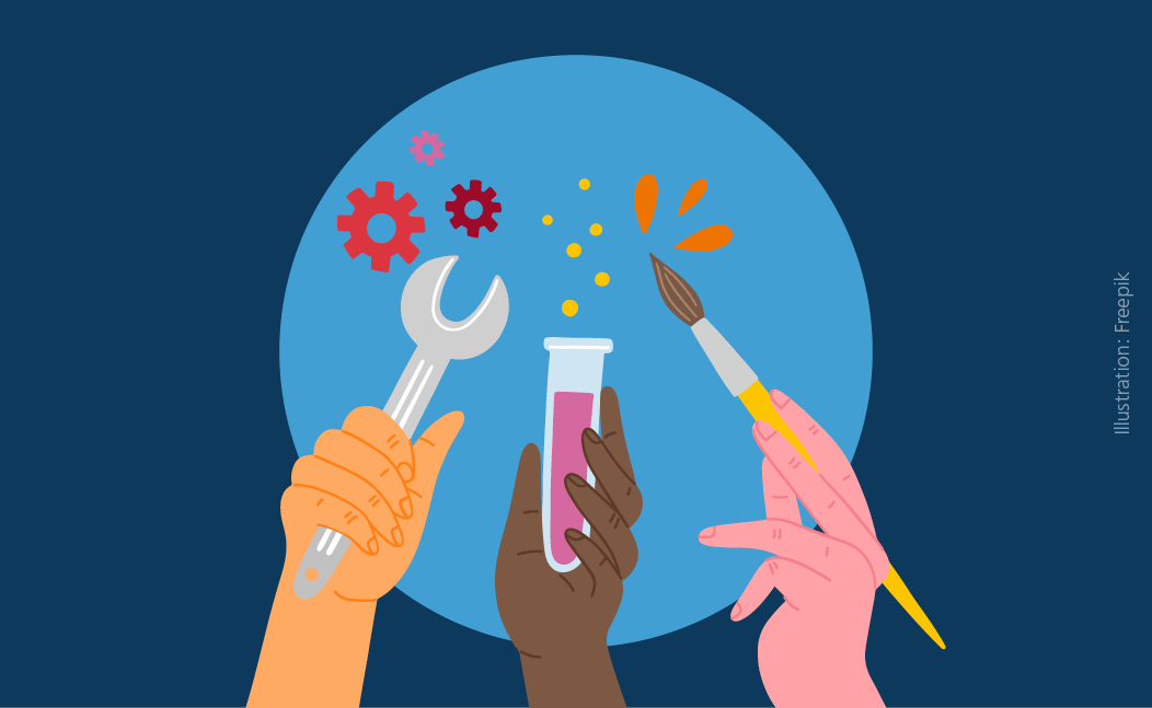 Illustration von drei H&auml;nden, die ein Werkzeug, ein Reagenzglas und einen Pinsel in der Hand halten vor einem dunkelblauen Hintergrund