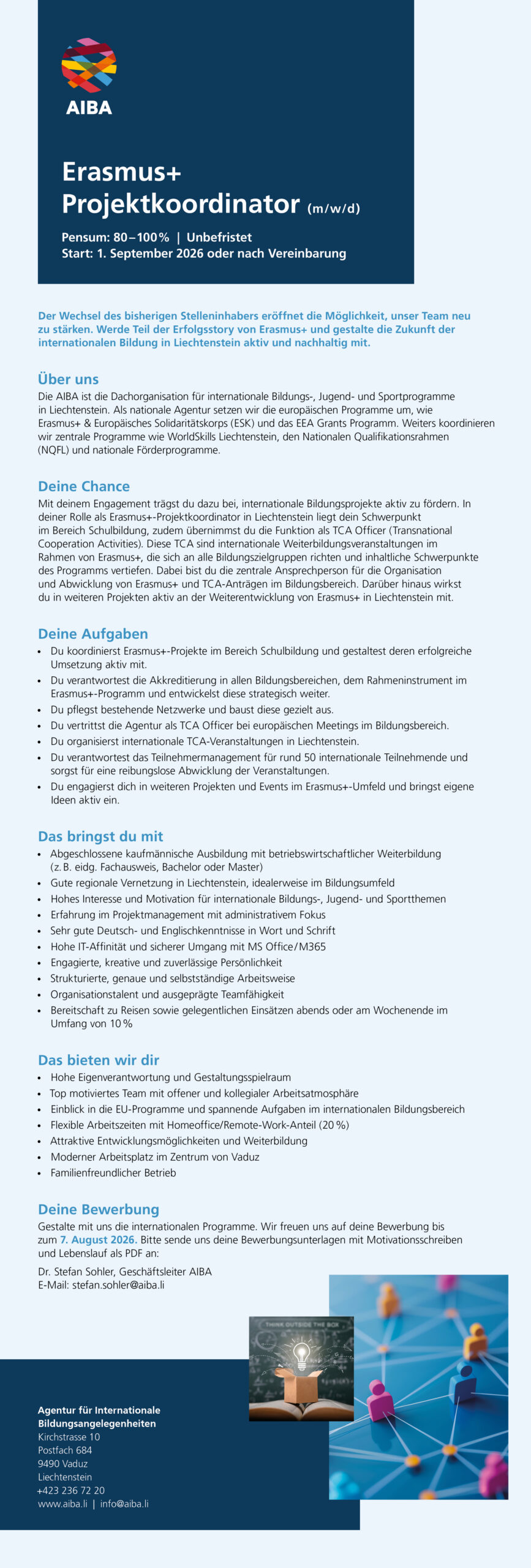Komplettes Stelleninserat für die Stelle als Erasmus+ Projektkoordinator